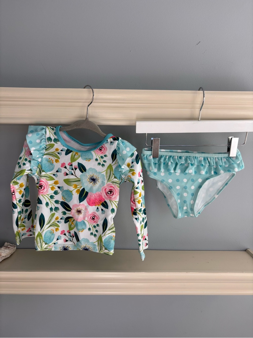 Girls' Floral Long-Sleeve Rashguard Set in Aqua Polka Dot
